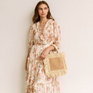 Caterina Bertini Fringe Raffia Straw Tote Handbag with Large Suede Pocket NWT